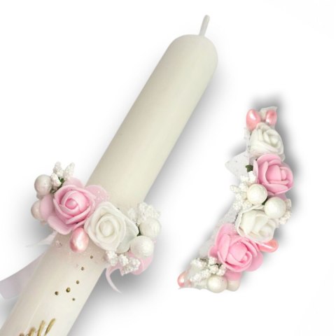 OZDOBA NA ŚWIECE DO CHRZTU PROFITKA DEKORACJA ŚWIECY Z KWIATUSZKÓW