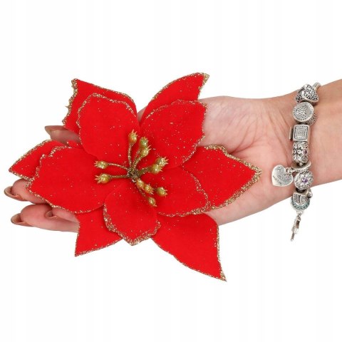 Gwiazda betlejemska POISENCJA 15 cm czerwona + brokat dekoracja z klipsem