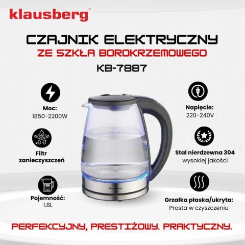 CZAJNIK ELEKTRYCZNY SZKLANY 1,8L KLAUSBERG KB-7887 LED RGB