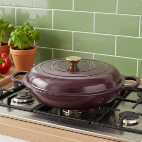 EMALIOWANY GARNEK ŻELIWNY PŁASKI 30cm 3L HAGE EGGPLANT