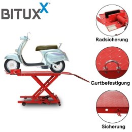 Hydrauliczny podnośnik nożycowy 360 kg do motocykli z rampą najazdową i blokadą koła