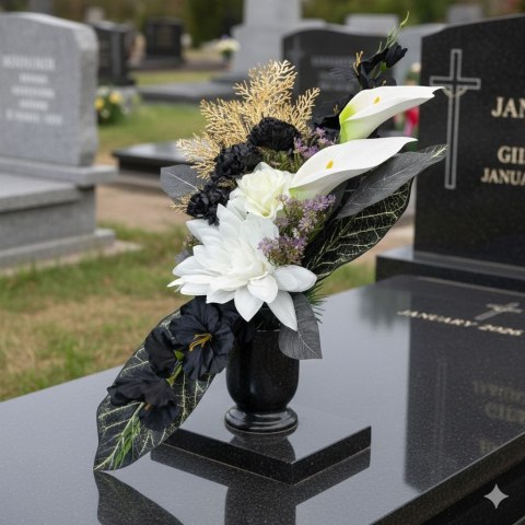 Bukiet flakon stroik na cmentarz biało czarna kompozycja na grób