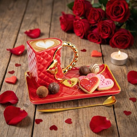 Kubek Torebka - talerzyk i łyżeczka serce - prezent na walentynki dla niej