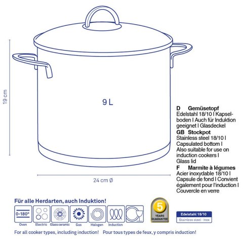 Garnek z pokrywką, 9,0 l, śred. 24 cm