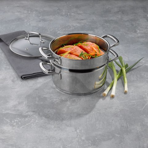 Garnek z wkładem do gotowania na parze, stal nierdzewna/szkło, 2,4 l, śred. 20 x 15 cm
