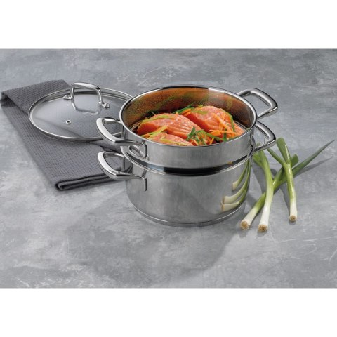 Garnek z wkładem do gotowania na parze, stal nierdzewna/szkło, 2,4 l, śred. 20 x 15 cm