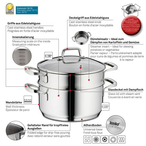 Garnek z wkładem do gotowania na parze, stal nierdzewna/szkło, 2,4 l, śred. 20 x 15 cm