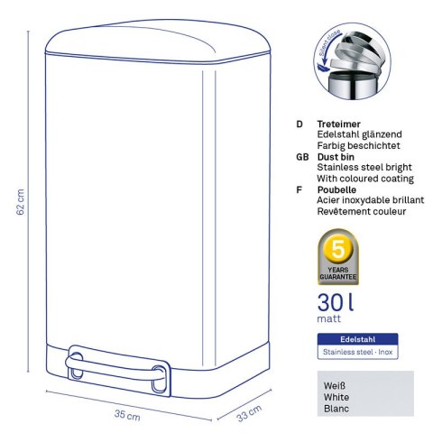 Stalowy kosz na śmieci z pedałem, 30 l, 35 x 33 x 62 cm, biały