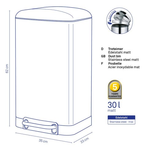 Stalowy kosz na śmieci z pedałem, 30 l, 35 x 33 x 62 cm, satynowa stal