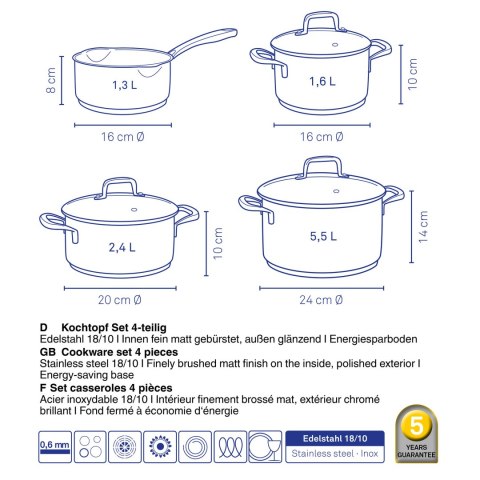 Zestaw garnków z pokrywkami, 4 szt., stal nierdzewna/szkło