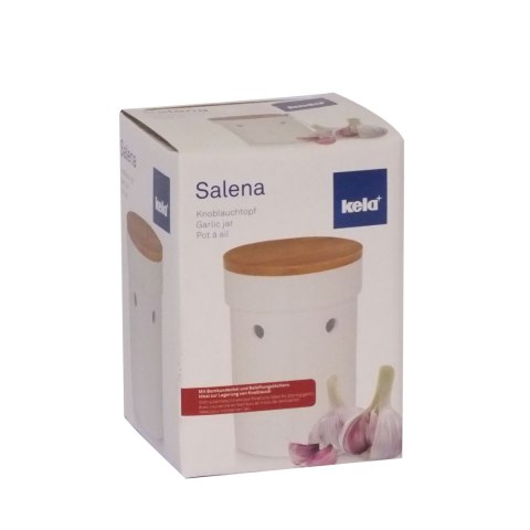 Ceramiczny pojemnik na czosnek z bambusową pokrywą, śred. 12 x 17 cm