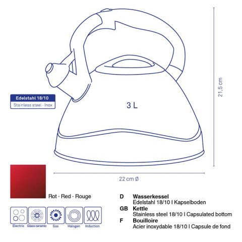 Czajnik, 3,0 l, czerwony