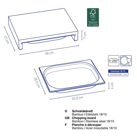 Deska do krojenia z tacką, bambus/stal nierdzewna, 36 x 27 x 7 cm