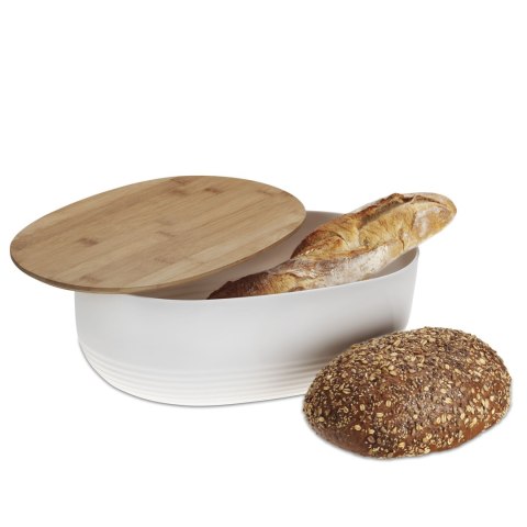 Owalny plastikowy pojemnik na chleb z bambusową pokrywką, 37,5x23x14 cm, biały