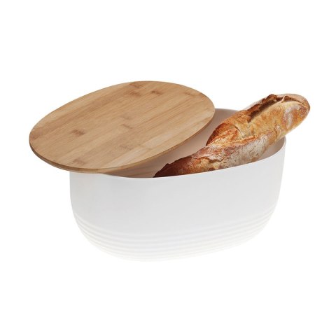 Owalny plastikowy pojemnik na chleb z bambusową pokrywką, 37,5x23x14 cm, biały