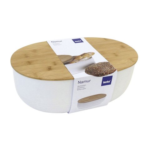 Owalny plastikowy pojemnik na chleb z bambusową pokrywką, 37,5x23x14 cm, biały