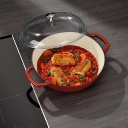 Żeliwna patelnia do serwowania ze szklaną pokrywą, czerwona, śred. 28 cm, 3,8 l