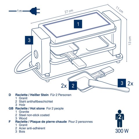 Raclette/grill stołowy, dla 2 os., granit/stal/drewno, 27 x 11 x 13 cm