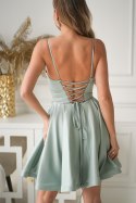 340-03 Brokatowa Mini Z Gorsetowym Wiązaniem - miętowy