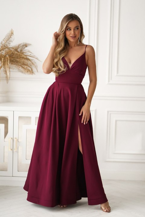 341-10 Długa Suknia Wieczorowa z Gorsetowym Sznurowaniem - bordowy