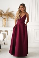 341-10 Długa Suknia Wieczorowa z Gorsetowym Sznurowaniem - bordowy
