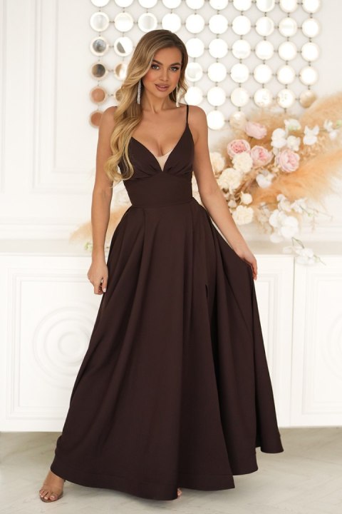 341-61 Długa Suknia Wieczorowa z Gorsetowym Sznurowaniem - czekoladowy