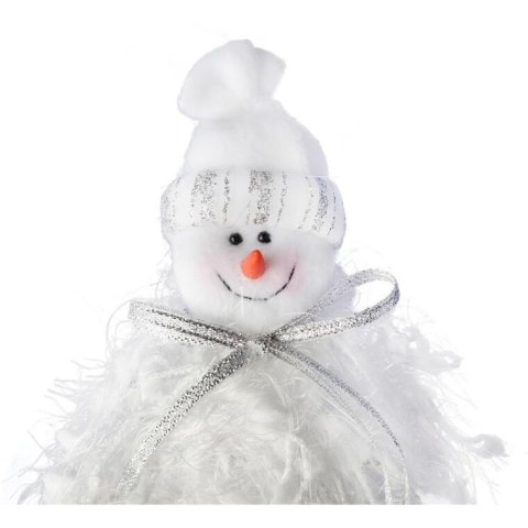 Bałwanek Świąteczny z Włóczki 25 cm w Białym Futrzanym Ubranku ze Srebrnymi Nitkami