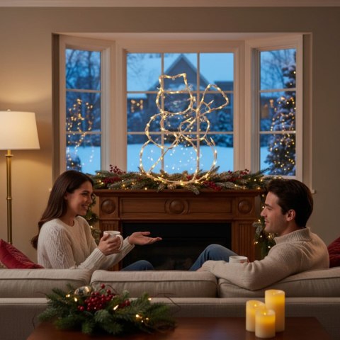 Biała Dekoracja Świetlna w Kształcie BAŁWANA z 50 Lampkami - Zasilanie Sieciowe