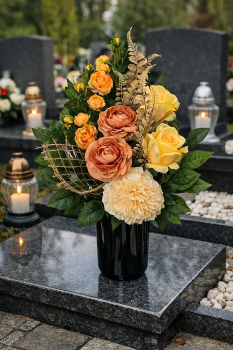 Bukiet flakon nowoczesny stroik na cmentarz kompozycja kwiatowa