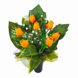 Bukiet flakon stroik na cmentarz kompozycja kwiatowa na grób tulipany