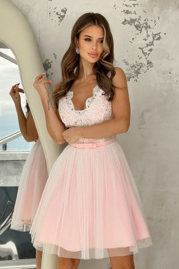 2206-32 Sukienka Lekko Rozkloszowana - Ecru, różowy