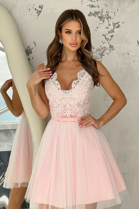 2206-32 Sukienka Lekko Rozkloszowana - Ecru, różowy