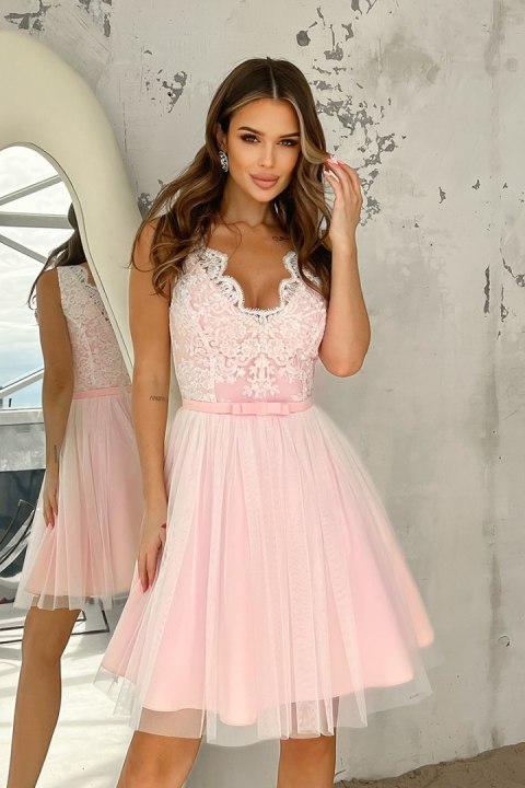 2206-32 Sukienka Lekko Rozkloszowana - Ecru, różowy