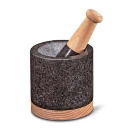 Moździerz granitowy na drewnianej podstawie, śred. 10 x 9,5 cm