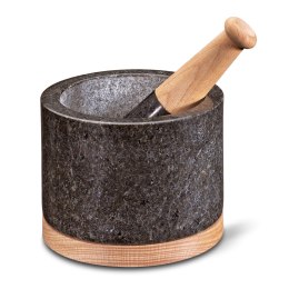 Moździerz granitowy na drewnianej podstawie, śred. 14 x 10,5 cm