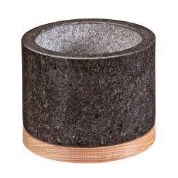 Moździerz granitowy na drewnianej podstawie, śred. 14 x 10,5 cm