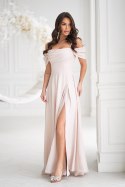 ELEGANCKA SUKNIENKA Z DRAPOWANIEM, ROZCIĘCIEM I BŁYSZCZĄCĄ TKANINĄ - beżowy