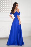 ELEGANCKA SUKNIENKA Z DRAPOWANIEM, ROZCIĘCIEM I BŁYSZCZĄCĄ TKANINĄ - chabrowy